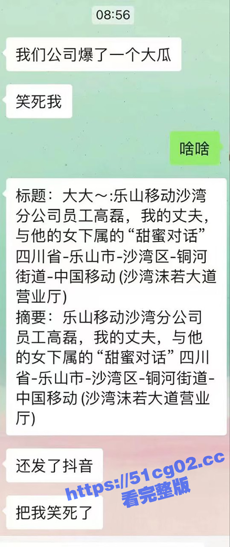 “我不骚都要被强奸 更别说骚” 乐山移动 高磊出轨女下属宋美琴 聊天记录不堪入目 小骚逼一摸就喷尿！