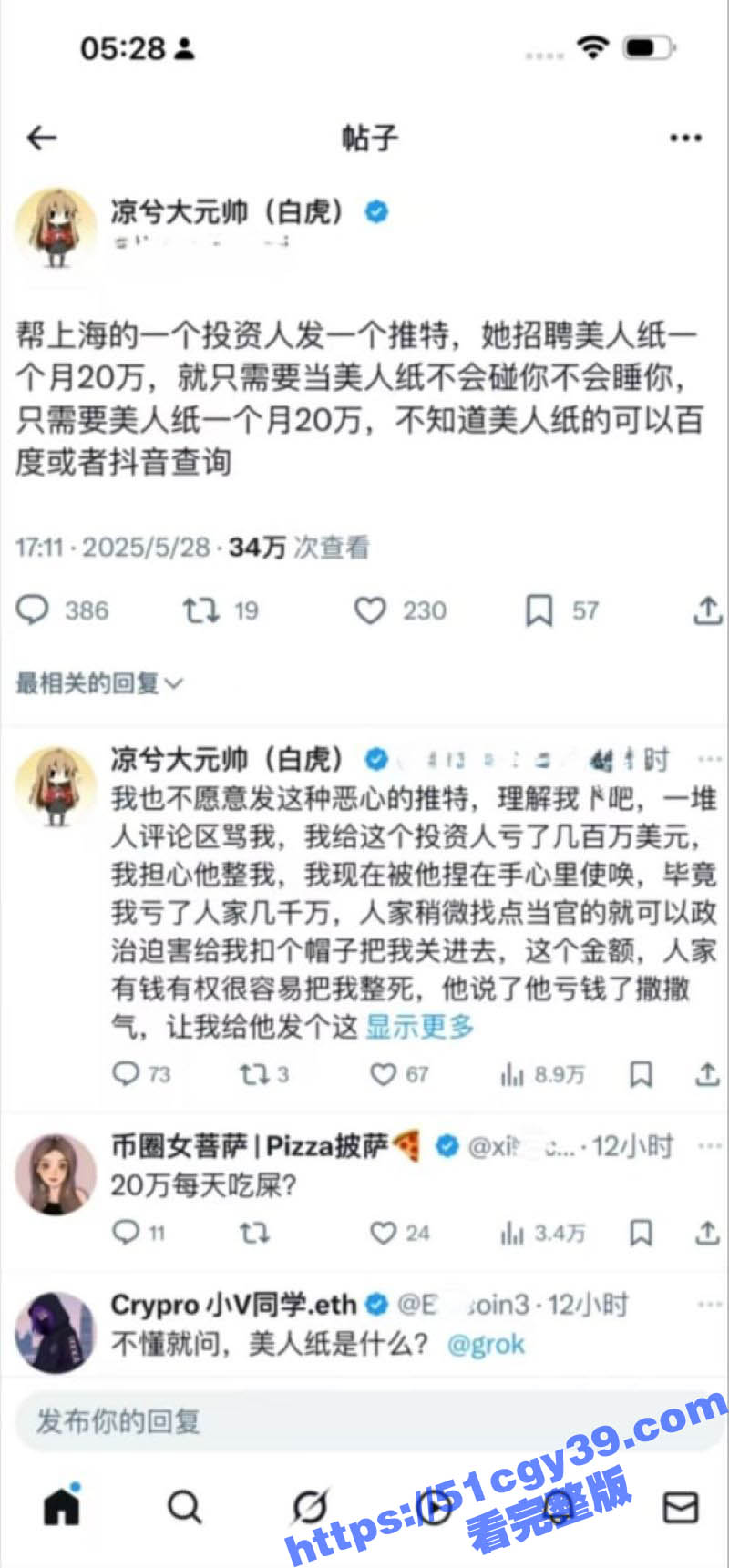 币圈炒作狗凉兮大元帅帮投资人20W找一个美人纸 4