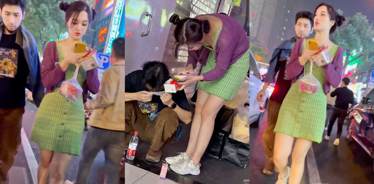 夜市抄底极品美女裙下 真空陪醉酒男友逛街