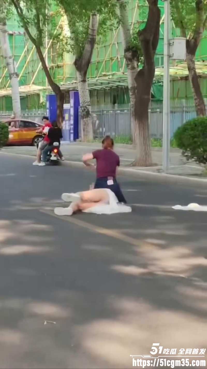 紫衣大妈街头暴揍白裙美女 马路中央按地上狂扇巴掌 是抓小三还是另有其因？