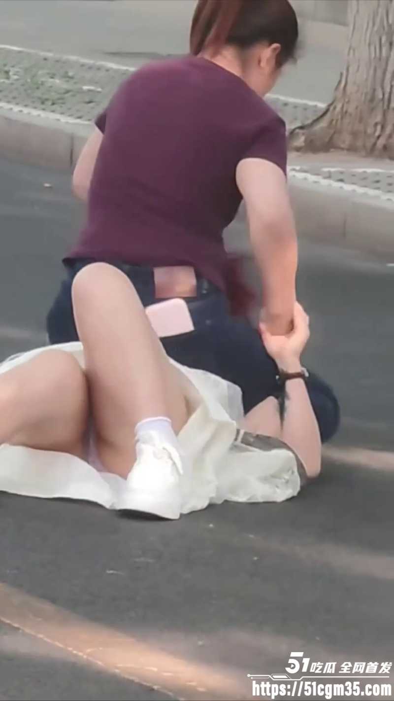 紫衣大妈街头暴揍白裙美女3