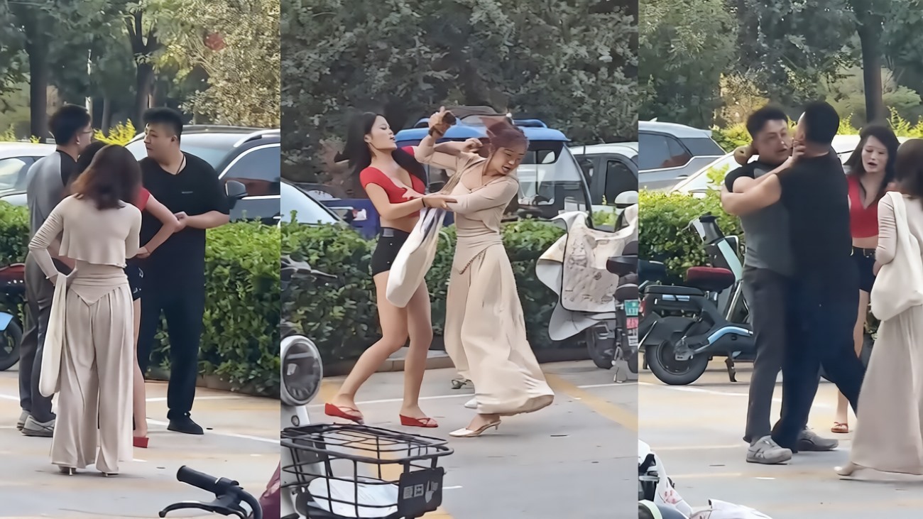 拳击健身教练出轨被抓 小三正主大街互掐 两男瞬间加入混战 现场鸡飞狗跳！