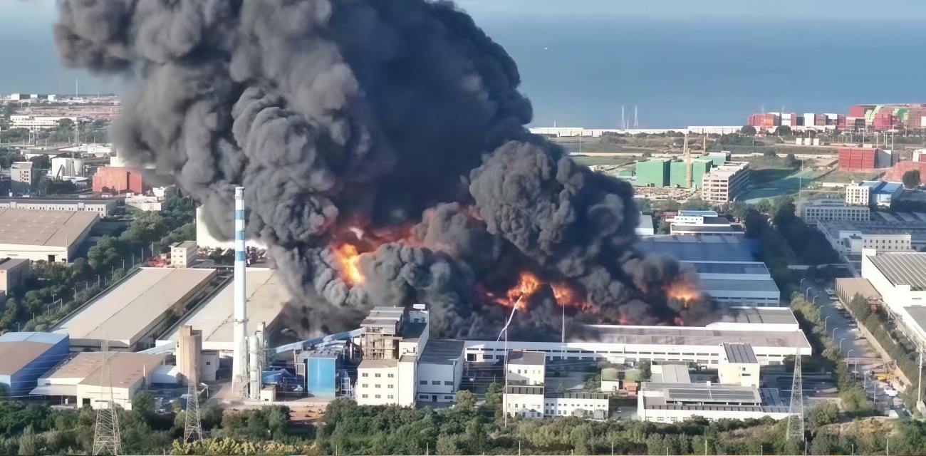 山东青岛黄岛区火灾 物流园物资猛烧 黑烟遮天火光冲天 远处高压线塔清晰可见