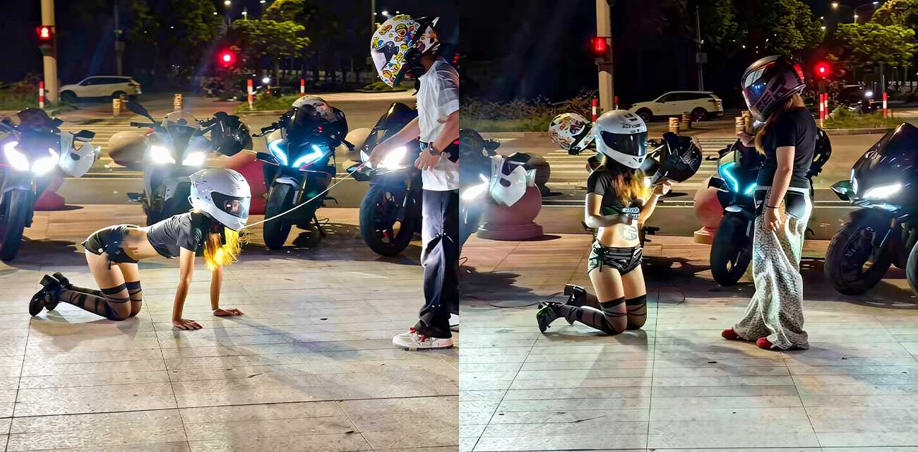 深夜街头现惊人一幕 花季少女当众栓绳跪爬 机车小伙牵引嬉笑 似狗奴公开调教