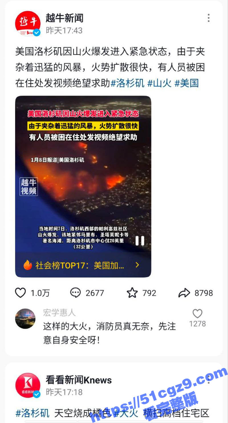 美国洛杉矶野火失控多视角视频流出 好莱坞明星举家逃离 加州两名男子在绝望火情中 留下人生最后一个视频